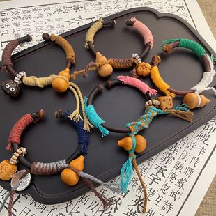 新中式手串鸡血藤纯编织手环古法复古藏式手绳国风手镯开口民族风