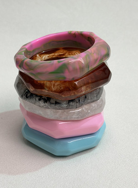 多巴胺晕染渐变色树脂手镯女八角复古个性圆形手圈渐变色手镯