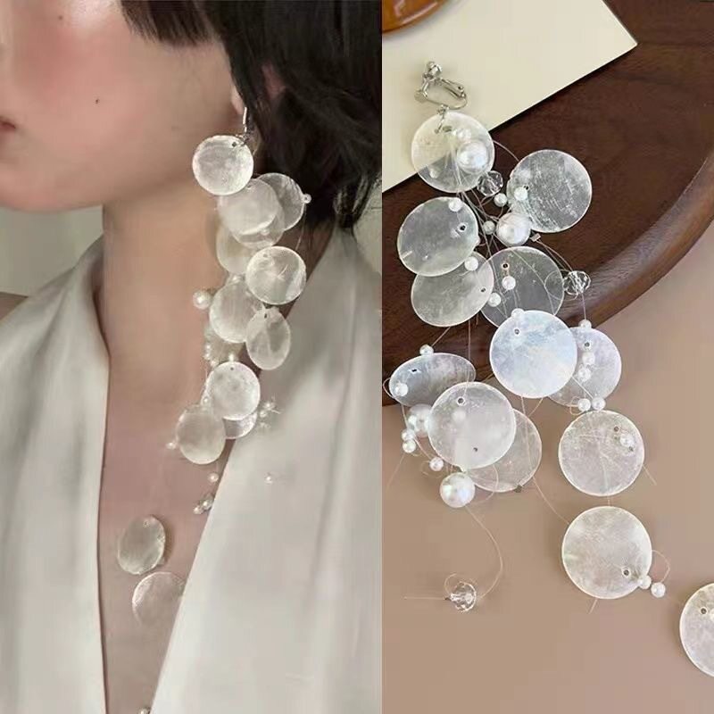 法式氛围感贝壳流苏耳环女 夸张长款无耳洞耳夹气质新娘耳饰