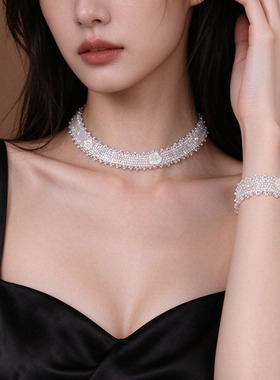 森系珍珠花朵米珠手工串珠项链新娘礼服配饰走秀拍照饰品