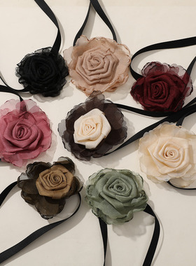 烧边网纱干枯玫瑰花项链简约项圈系带腰带饰品配件