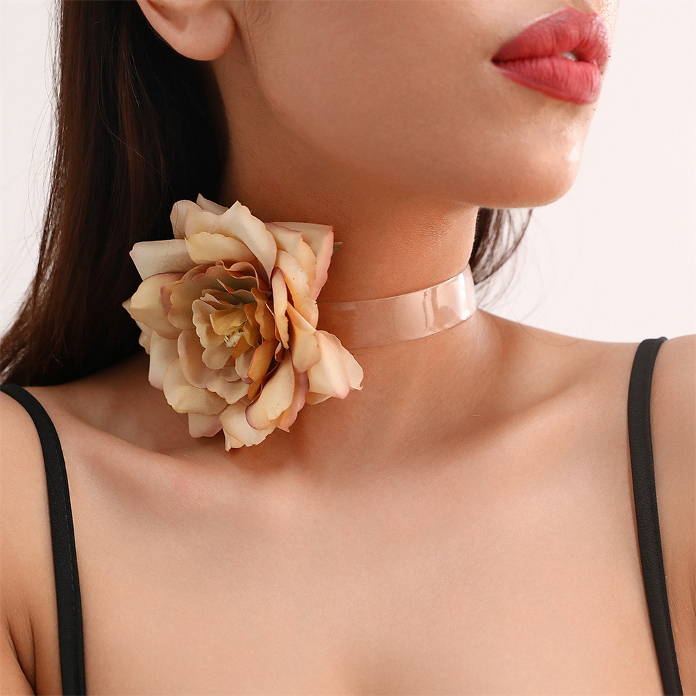 欧美法式立体山茶花项链女花朵颈链透明颈带时尚女饰品