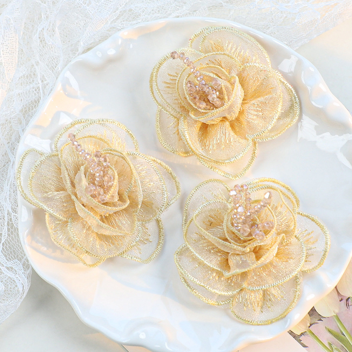民族风优雅时尚珠光纱花朵diy水晶串珠玫瑰花头饰辅料花朵配件