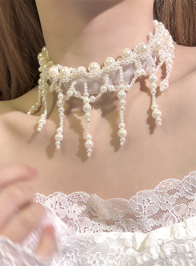 复古宫廷风珍珠choker项链女小众气质水滴珍珠流苏颈链