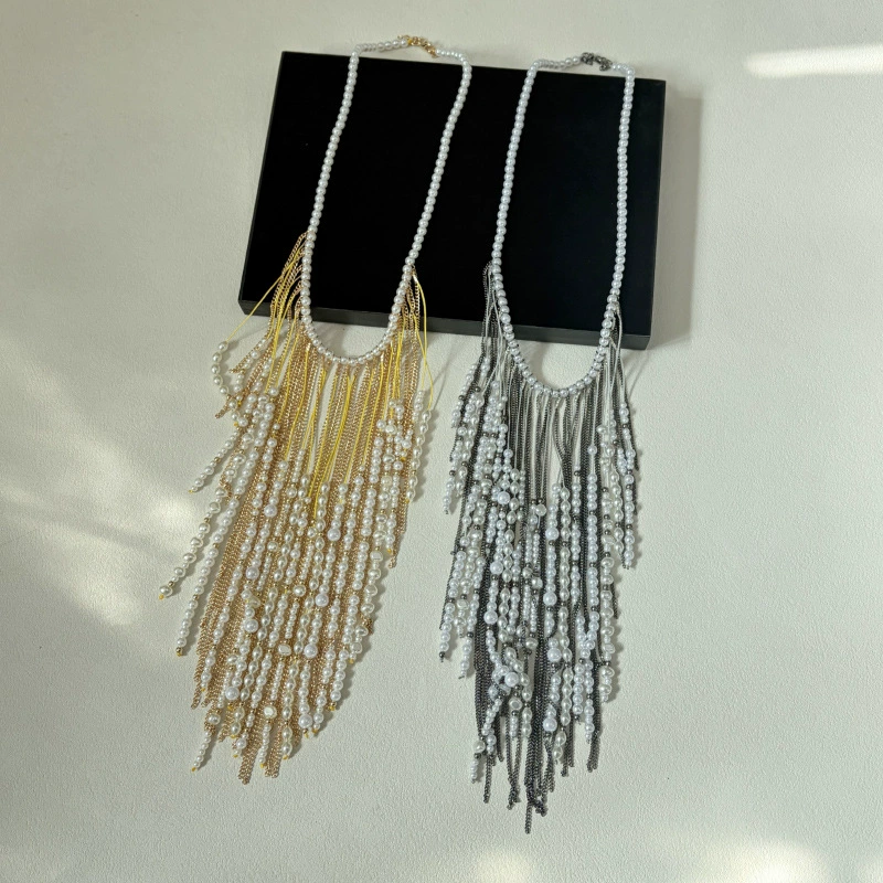 欧美夸张手工编织多层珍珠链条流苏项链波西米亚度假风锁骨链