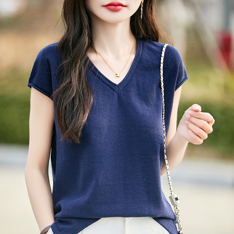 100%纯棉线V领短袖2025夏季新款