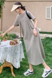 小众设计灰色休闲t恤连衣裙女夏2025新款超好看宽松显瘦气质长裙，女装连衣裙，2C095