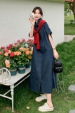 韩系复古chic披肩牛仔连衣裙女2025夏季新款慵懒风休闲百搭衬衫裙，女装连衣裙，2C095