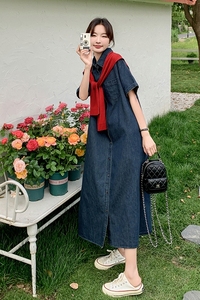 韩系复古chic披肩牛仔连衣裙女2025夏季新款慵懒风休闲百搭衬衫裙图片