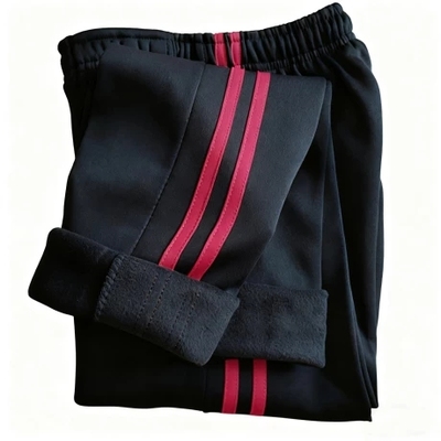 黑色校服裤子加绒加厚冬季运动中小学生宽松直筒两道杠红边校裤