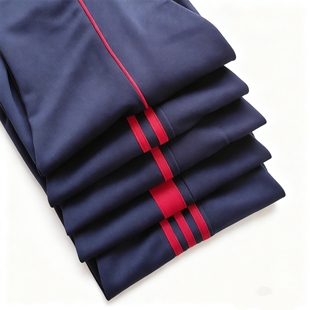 藏蓝色校服裤子春秋运动中小学生宽松直筒加绒加厚红边一二道杠