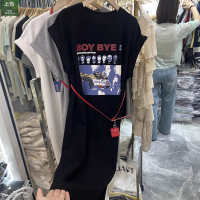 2025夏季新款韩版时尚休闲慵懒风印花宽松T恤女连衣裙潮配包包