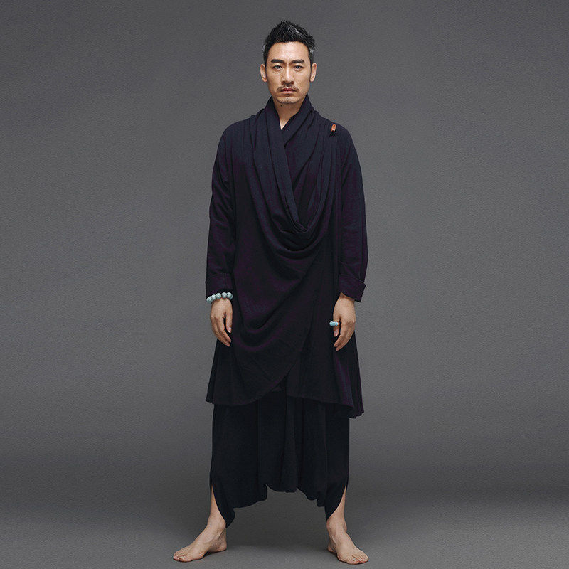 중국 스타일의 면화와 린넨 HANFU 남자의 고대 스타일 느슨한 평신도 명상 명상 차 정장 복고풍 민족 망토 남성 의류