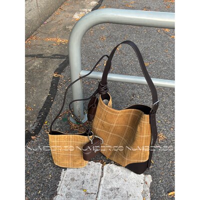 代号59 自制原创反绒牛皮麂皮棕色拼色格子绣线大容量托特包