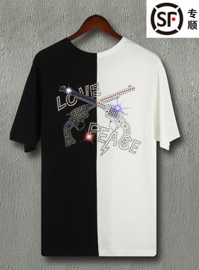 全钻LOVE AND PLACE双枪圆领短袖黑白阴阳嘻哈风图案roarT恤纯棉