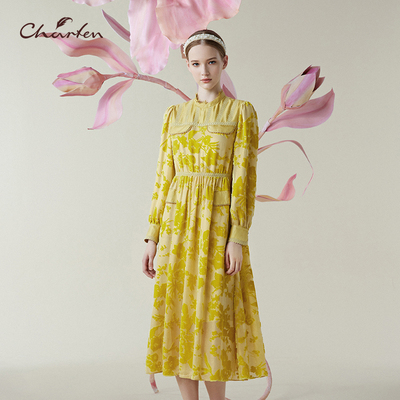 法式浪漫黄色印花收腰显瘦长裙