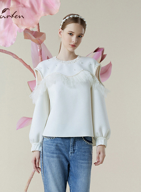朝峰法式甜美风白色荷叶边露肩针织衫女珍珠装上衣CFE1C131-1053B