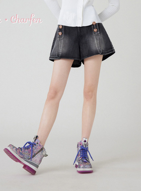 高腰纽扣短款牛仔裤宽松阔腿裤CFE1B507-5080P