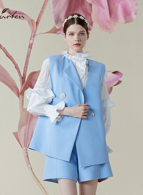 轻奢风翻领双排扣马甲女蓝色职场显瘦质感马甲外套CFE1D335-3056A