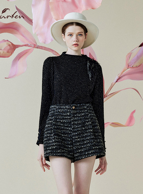 复古设计感高级长袖打底衫女黑色洋气针织上衣CFE1B005-0007B