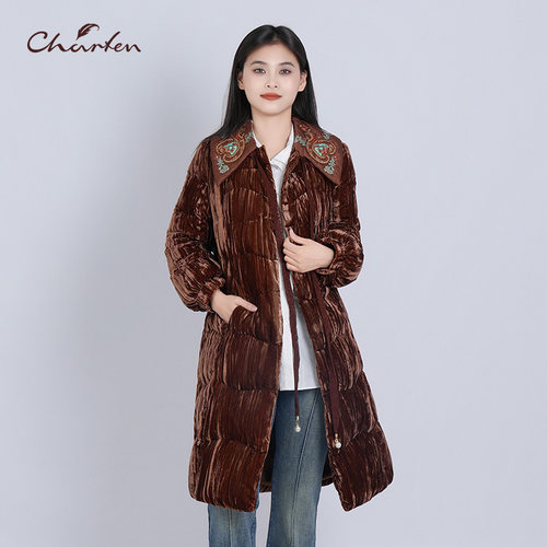 CHARFEN翻领长款撞色显瘦羽绒服