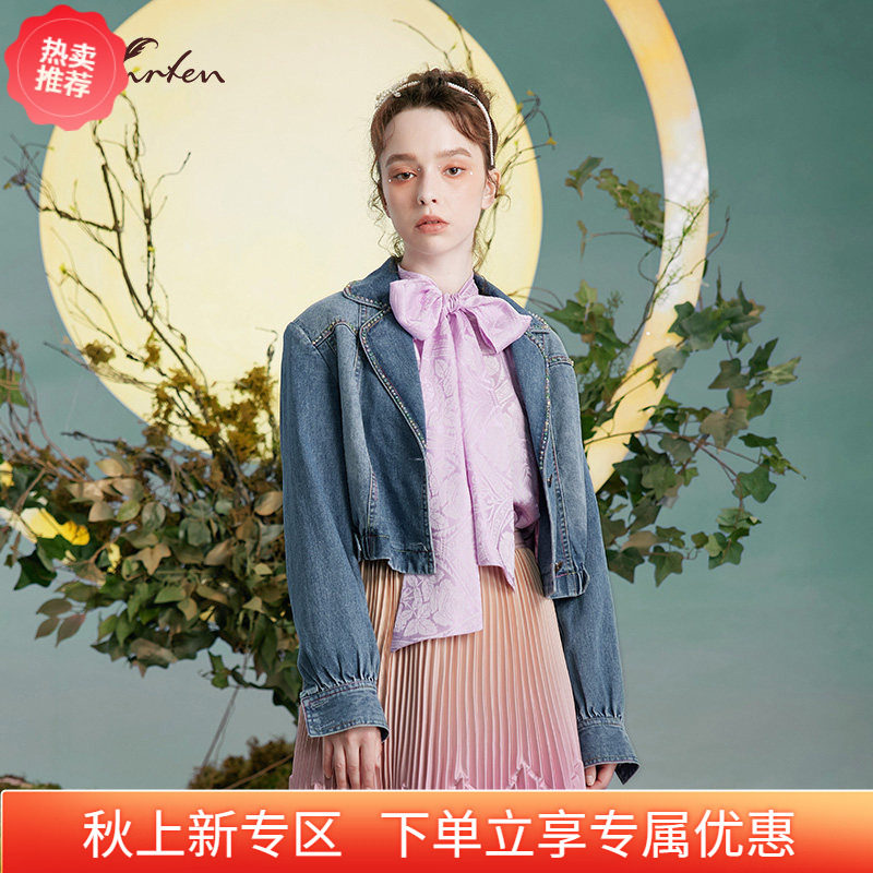 个性西装领长袖截短牛仔外套女图片