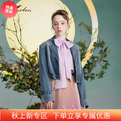 个性西装领长袖截短牛仔外套女