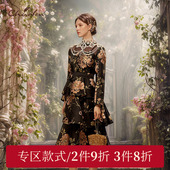 CHARFEN朝峰复古气质轻奢高定中长款 印花连衣裙女CFD5G031 0003G