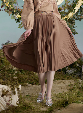 CHARFEN朝峰复古气质优雅温柔A字裙百褶裙半身裙女CFD3C036-0063E