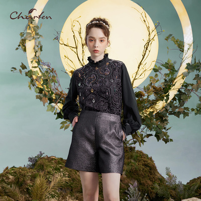 复古气质花边领打底衬衫上衣女