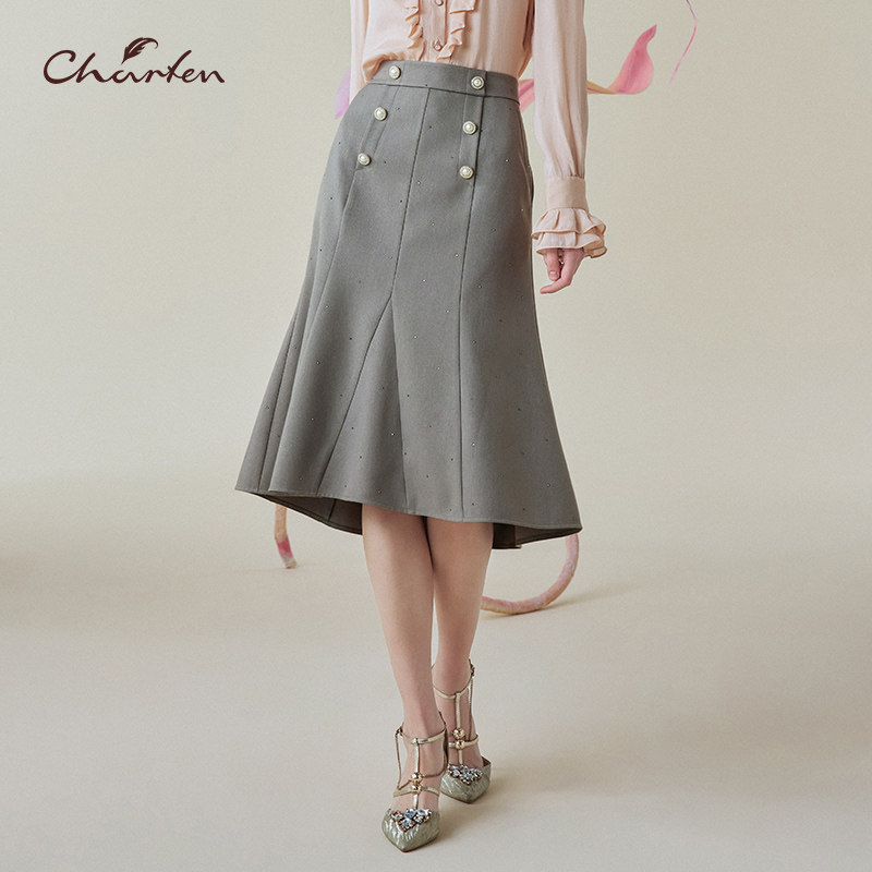 轻奢优雅风双排扣鱼尾半身裙高腰显瘦中长款包臀裙CFE1A101-1001E,女装/女士精品,半身裙,淘宝优惠券,粉丝福利购,淘宝优惠卷