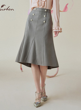 轻奢优雅风双排扣鱼尾半身裙高腰显瘦中长款包臀裙CFE1A101-1001E