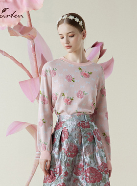 少女甜心花朵针织衫长袖圆领套头时尚上衣打底衫CFE1B131-1093C