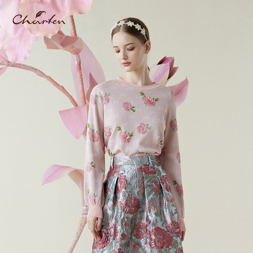 少女甜心花朵印花薄款针织打底衫