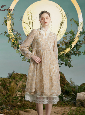 CHARFEN朝峰复古气质优雅圆领A字中长款连衣裙女CFD3B310-3017G