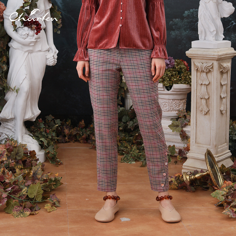 CHARFEN朝峰秋季气质优雅修身显瘦格纹休闲裤女CFB3C321-335D