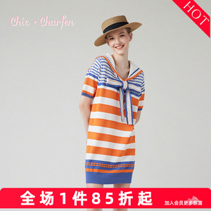 学院风条纹针织连衣裙夏海军领蝴蝶结短袖减龄裙CFE1C539-5037G