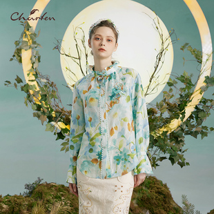 3070T 上衣女CFD3A307 CHARFEN朝峰复古印花长袖 立领衬衫