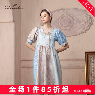 CHARFEN朝峰春季新款V领法式复古女士连衣裙CFD1C361-3009G