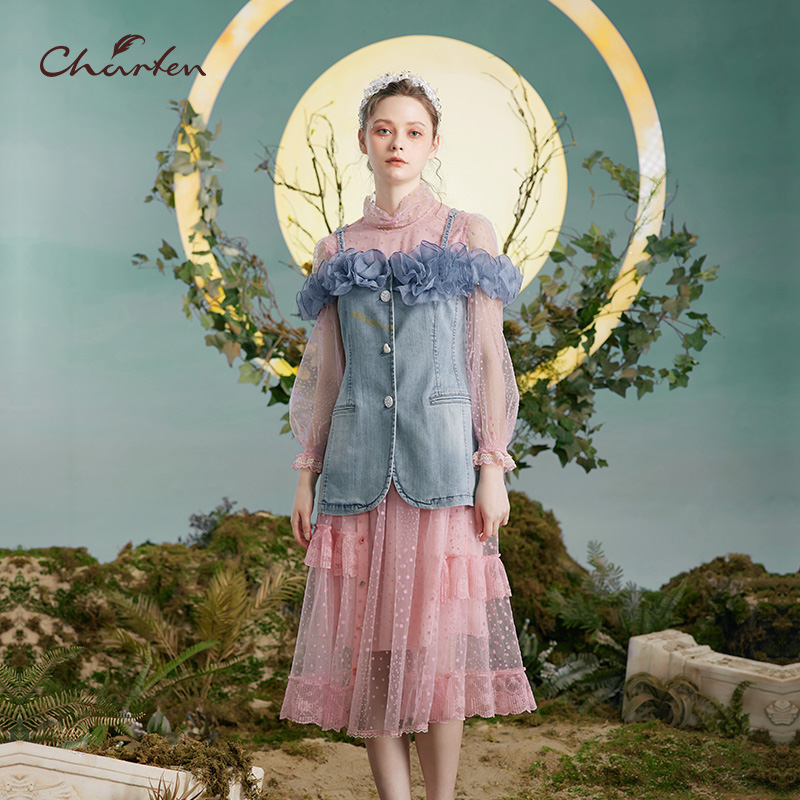 牛仔拼接蕾丝中长款连衣裙女