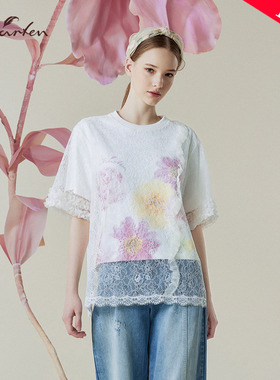 朝峰蕾丝拼接花朵印花T恤女宽松小众高级感上衣CFE1D325-3038B