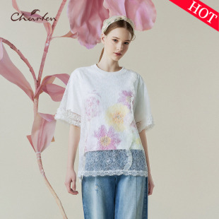 朝峰蕾丝拼接花朵印花T恤女宽松小众高级感上衣CFE1D325 3038B