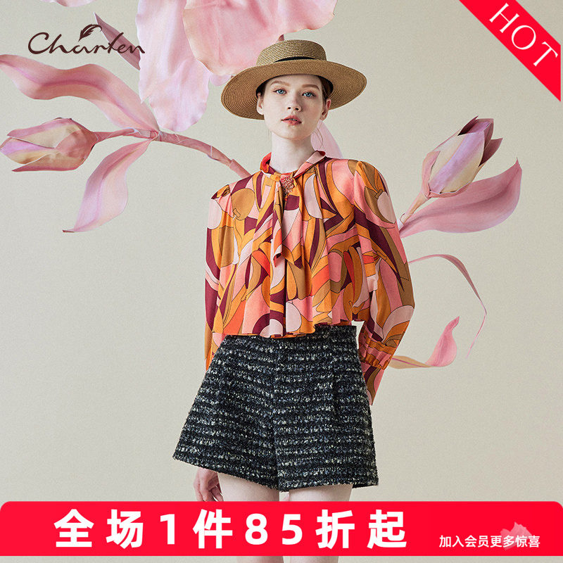 复古几何风印花衬衫女长袖系带领结百搭设计感上衣CFE1A008-0093T