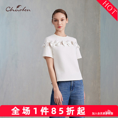 淑女风立体花朵拼接短袖显瘦T恤