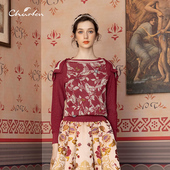 CHARFEN朝峰一字领刺绣长袖 3082C 上衣女CFD1A086 修身 套头针织衫