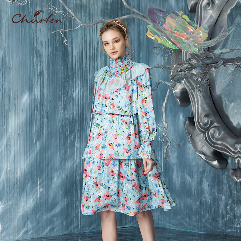 气质印花轻奢中长连衣裙女