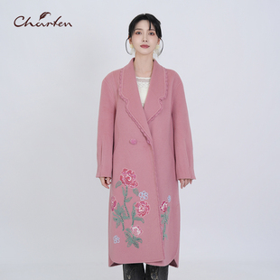 charfen朝峰轻熟优雅刺绣花卉毛呢大衣女中长款翻领羊毛外套3150V
