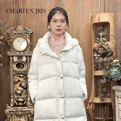 CHARFEN朝峰百搭时尚保暖中长款钉钻羽绒服外套女FJE5E681-6153Y