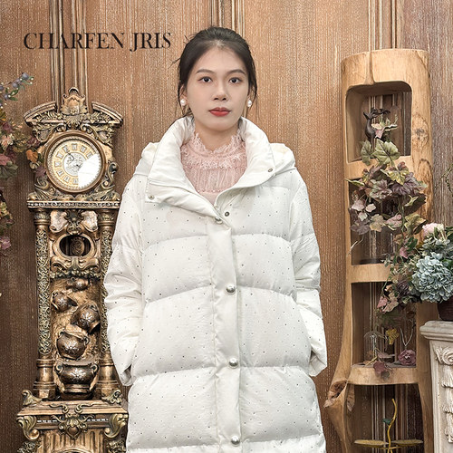 CHARFEN朝峰百搭时尚保暖中长款钉钻羽绒服外套女FJE5E681-6153Y