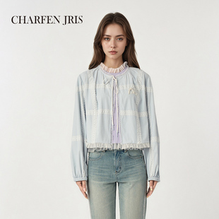 荷叶边系带小外套6511A charfen朝峰甜美风蕾丝拼接短外套女春季